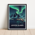 A framed travel poster of the Lofoten Islands, Norway, leaning against a white wall on a light wood floor. The poster features a dark night sky filled with vibrant green aurora borealis, snowy mountains, and a small village by the water.