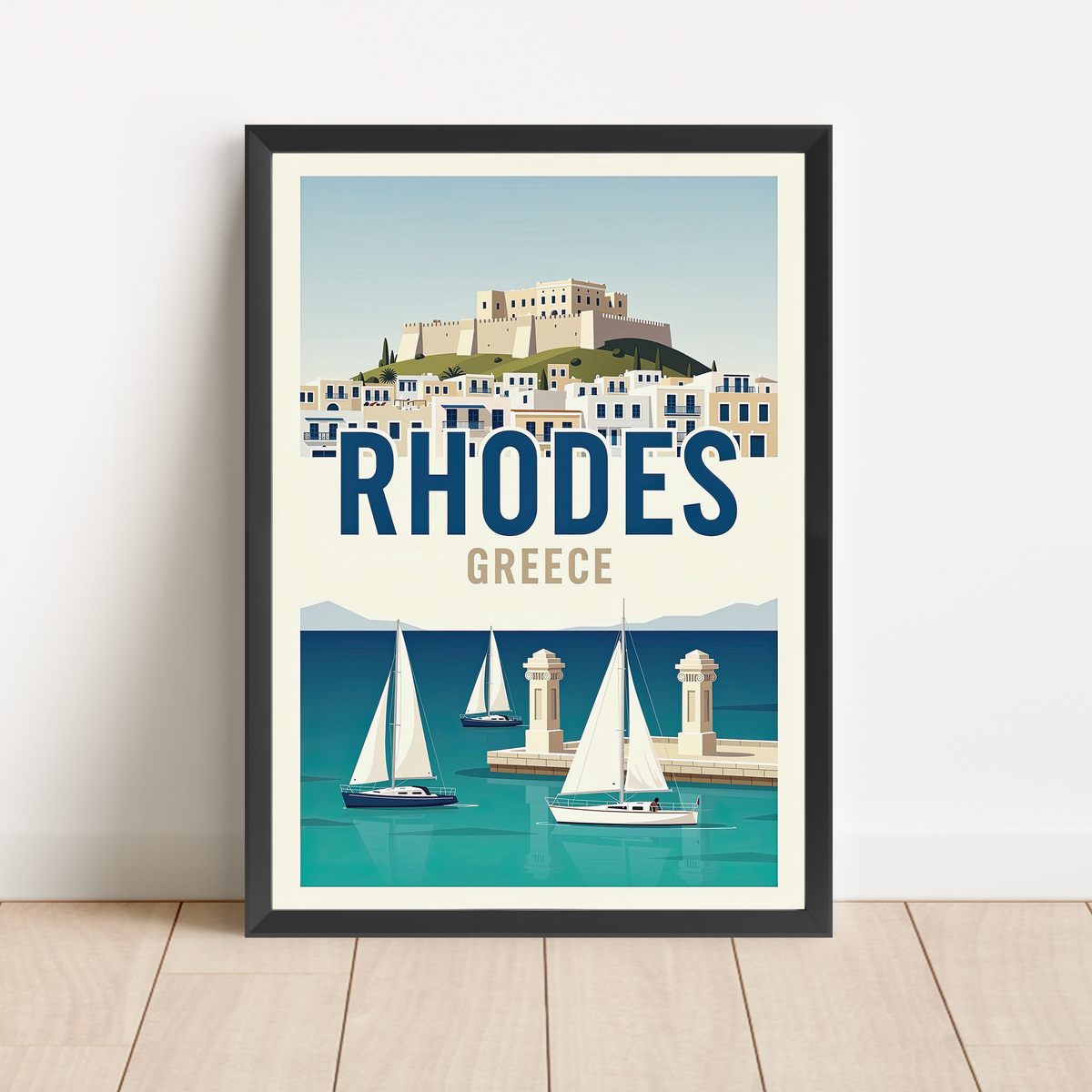 A framed travel poster of Rhodes, Greece, leaning against a white wall on a light wood floor. The poster features a retro-style illustration of the Acropolis, white buildings with blue trim, blue water, and several white sailboats under a pale blue sky.
